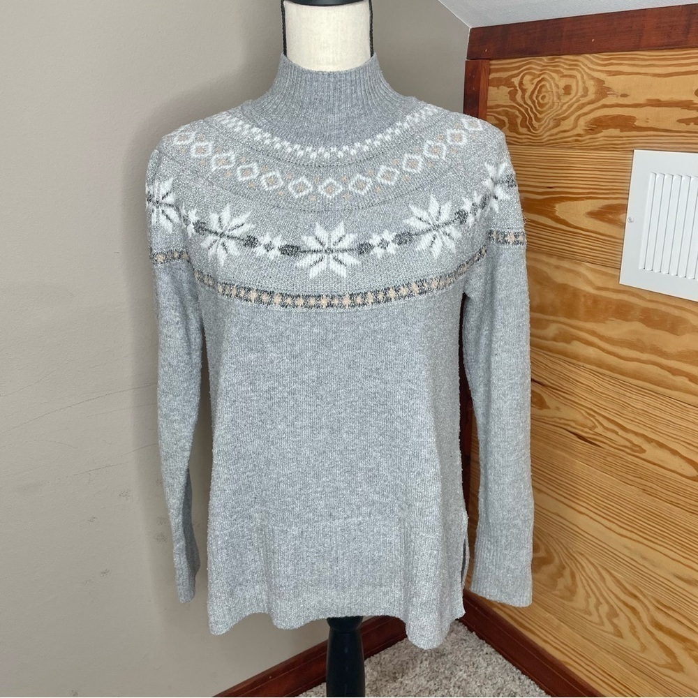 Tahari Grey Fair Isle Snowflake Metallic Knit Turtleneck Sweater Extra Small